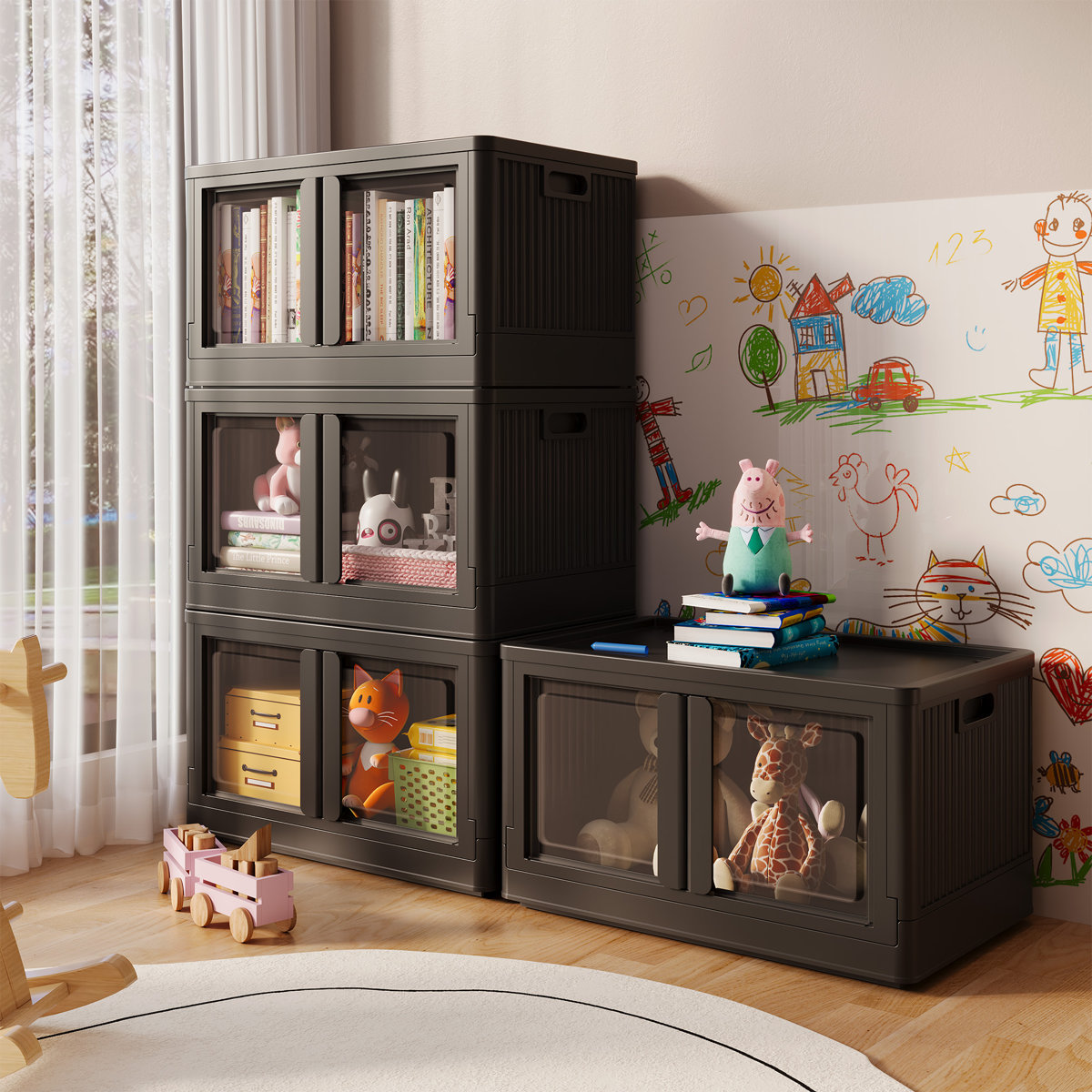 Stackable Collapsible Plastic Storage Bins with Lids,304 QT Closet Organizers with Doors, 25''L x 15.5''W x 56''H (Set of 4)